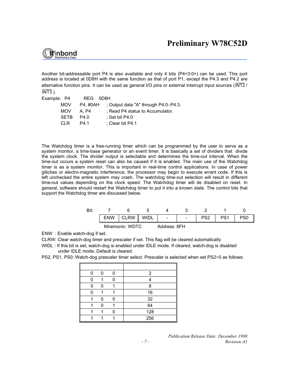 Preliminary w78c52d | Rainbow Electronics W78C52D User Manual | Page 7 / 18