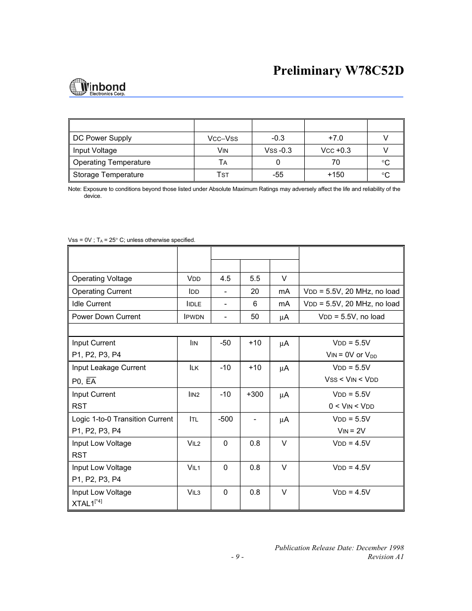 Preliminary w78c52d | Rainbow Electronics W78C52D User Manual | Page 9 / 18