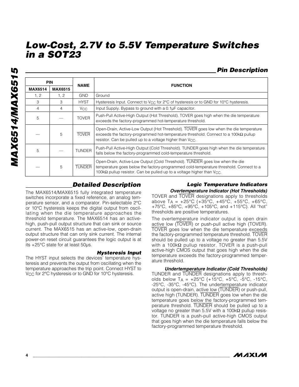 Pin description detailed description | Rainbow Electronics MAX6515 User Manual | Page 4 / 8