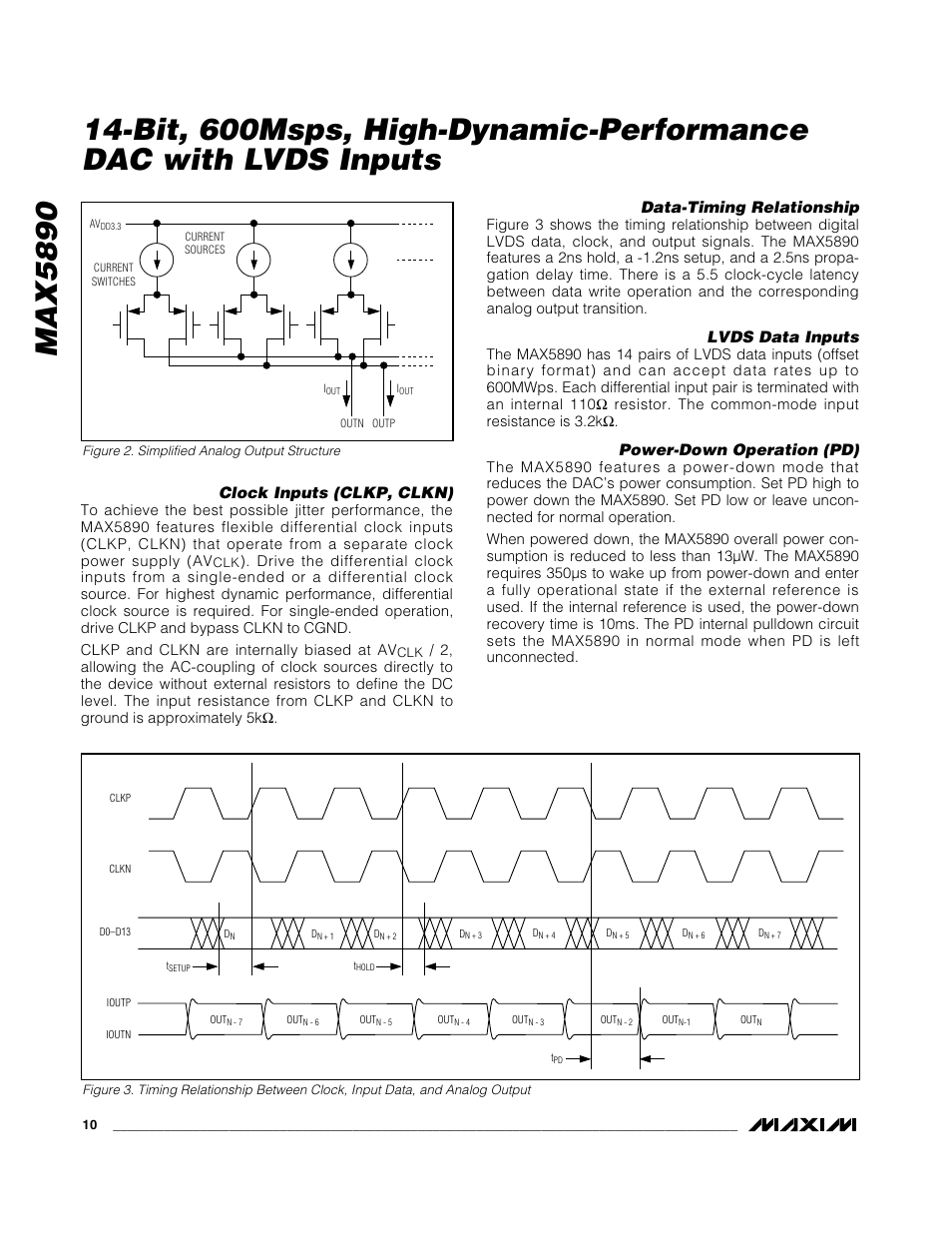 Max5890, Clock inputs (clkp, clkn), Data-timing relationship | Lvds data inputs, Power-down operation (pd) | Rainbow Electronics MAX5890 User Manual | Page 10 / 15