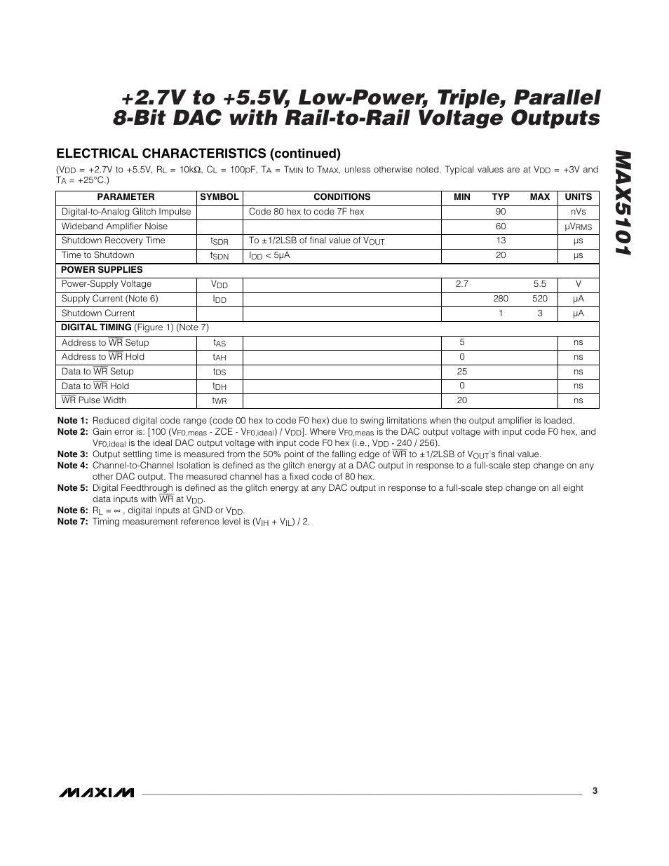 Electrical characteristics (continued) | Rainbow Electronics MAX5101 User Manual | Page 3 / 8
