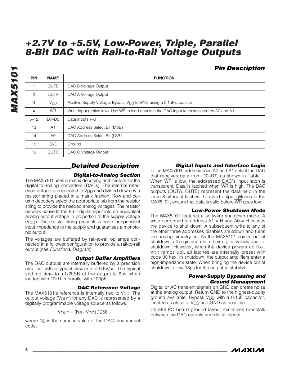 Detailed description, Pin description | Rainbow Electronics MAX5101 User Manual | Page 6 / 8