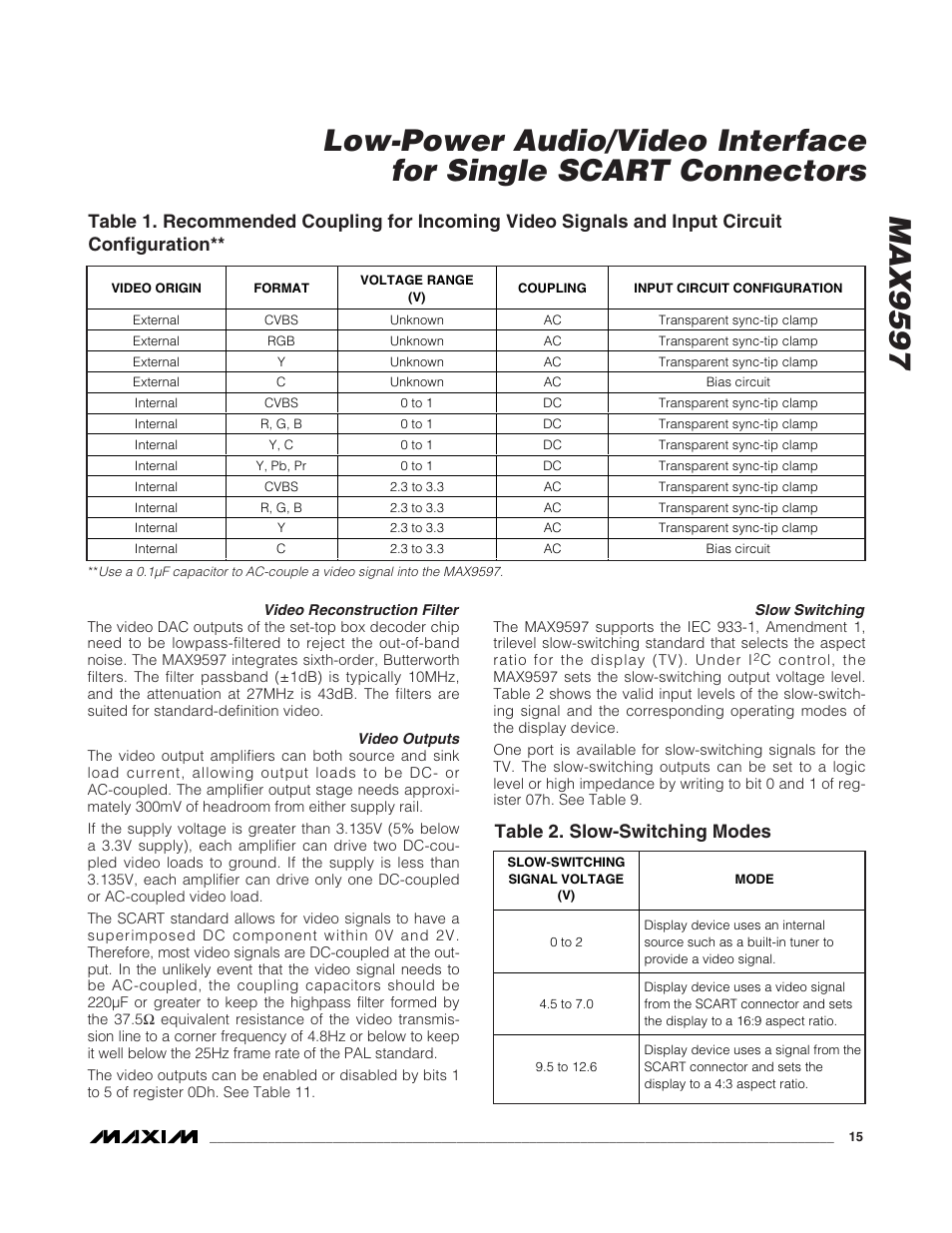 Table 2. slow-switching modes | Rainbow Electronics MAX9597 User Manual | Page 15 / 32