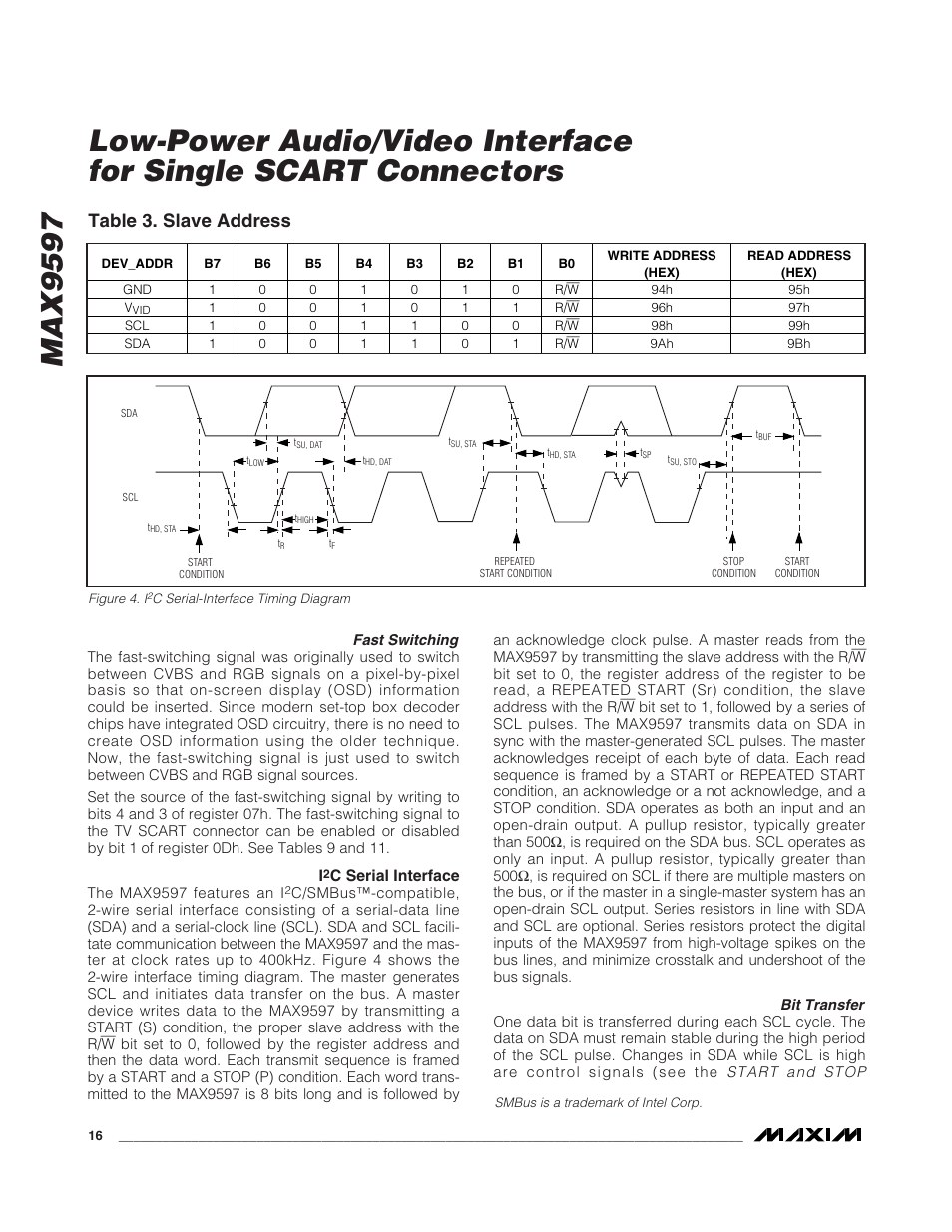 Table 3. slave address | Rainbow Electronics MAX9597 User Manual | Page 16 / 32