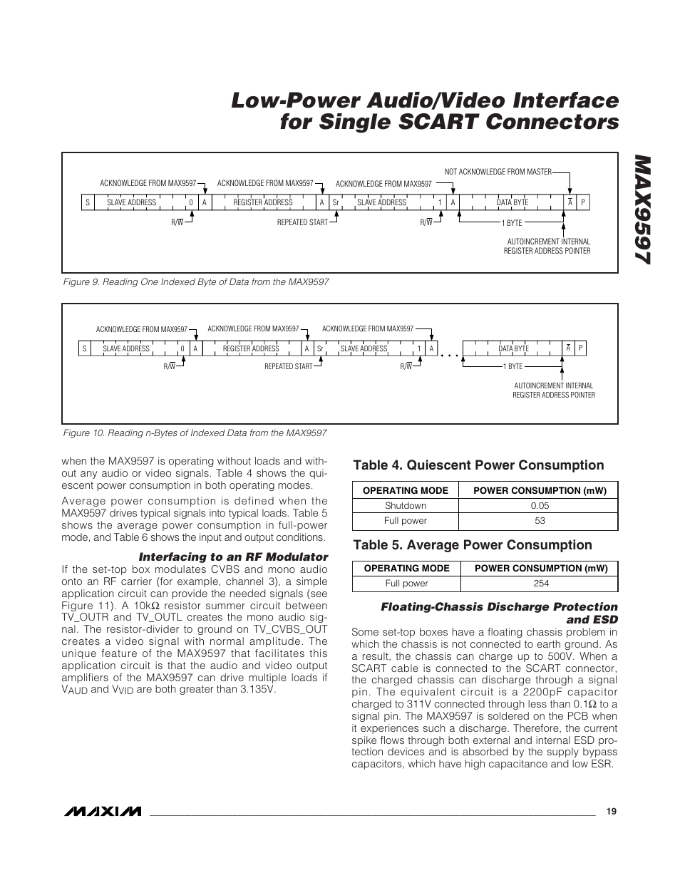 Table 4. quiescent power consumption, Table 5. average power consumption | Rainbow Electronics MAX9597 User Manual | Page 19 / 32