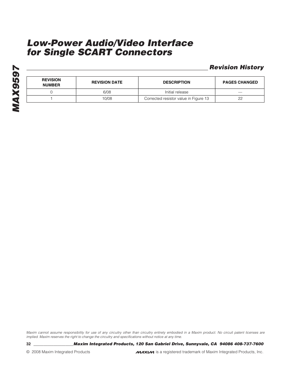 Revision history | Rainbow Electronics MAX9597 User Manual | Page 32 / 32