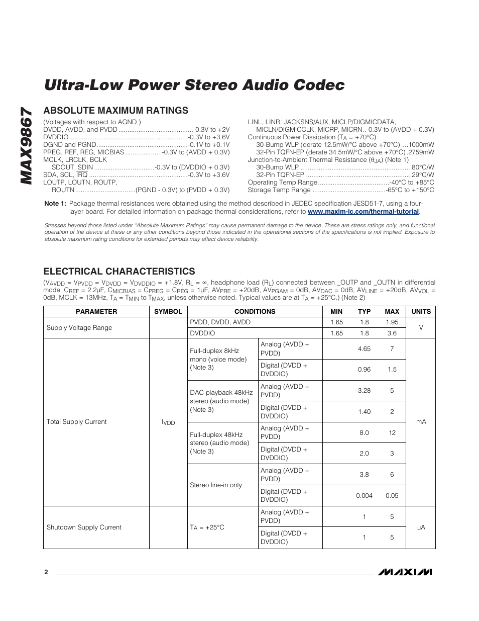 Max9867 ultra-low power stereo audio codec | Rainbow Electronics MAX9867 User Manual | Page 2 / 54