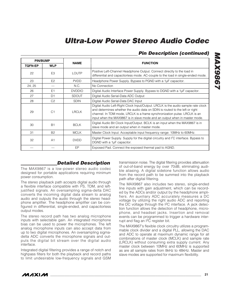 Max9867 ultra-low power stereo audio codec, Detailed description, Pin description (continued) | Rainbow Electronics MAX9867 User Manual | Page 21 / 54