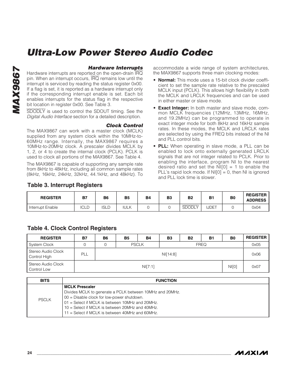 Max9867, Ultra-low power stereo audio codec, Table 3. interrupt registers | Table 4. clock control registers | Rainbow Electronics MAX9867 User Manual | Page 24 / 54