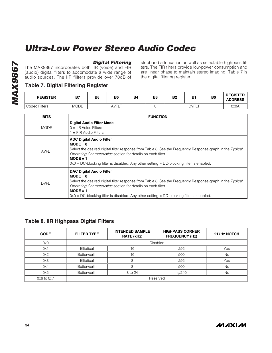 Max9867 ultra-low power stereo audio codec, Table 7. digital filtering register, Table 8. iir highpass digital filters | Rainbow Electronics MAX9867 User Manual | Page 34 / 54