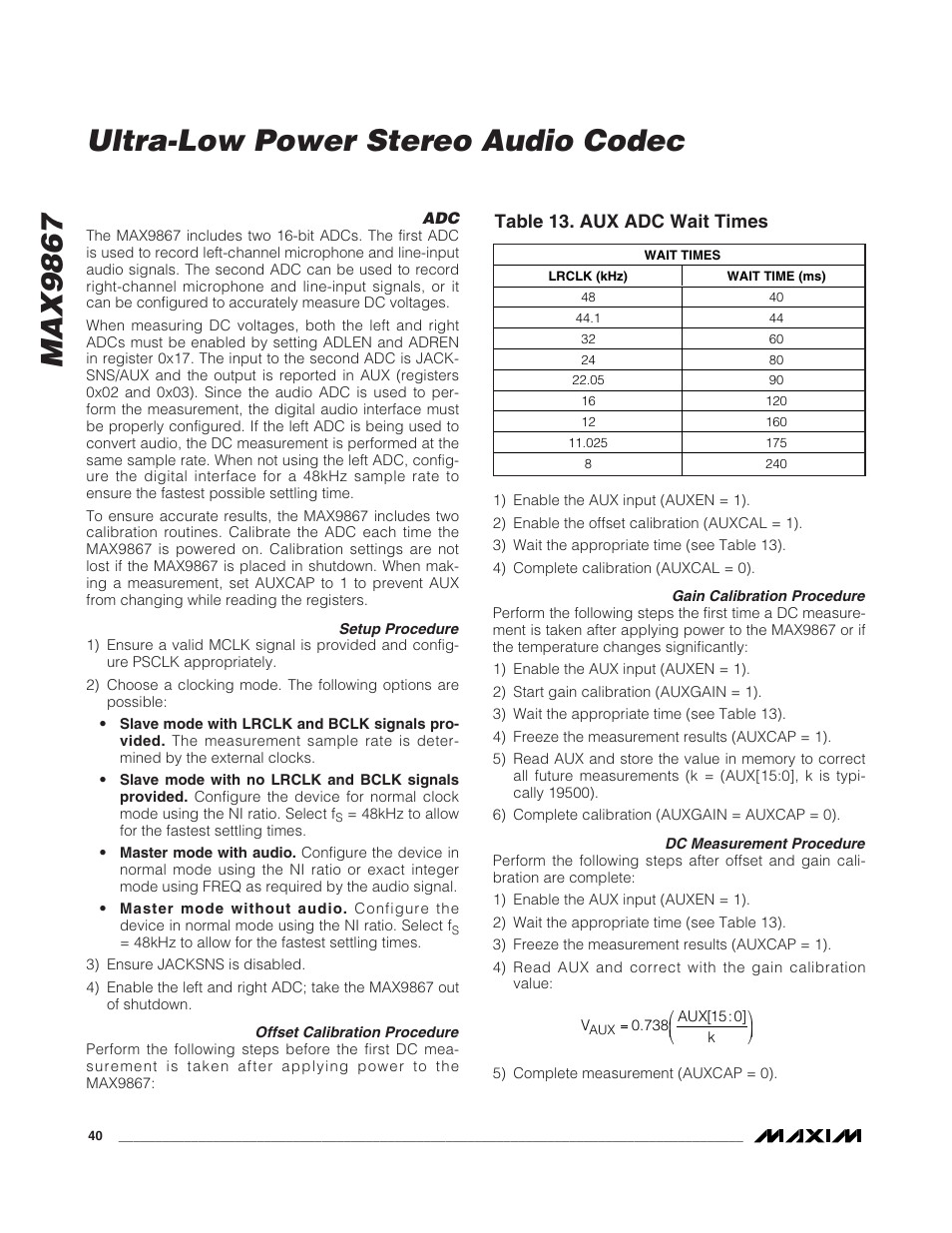 Max9867 ultra-low power stereo audio codec, Table 13. aux adc wait times | Rainbow Electronics MAX9867 User Manual | Page 40 / 54