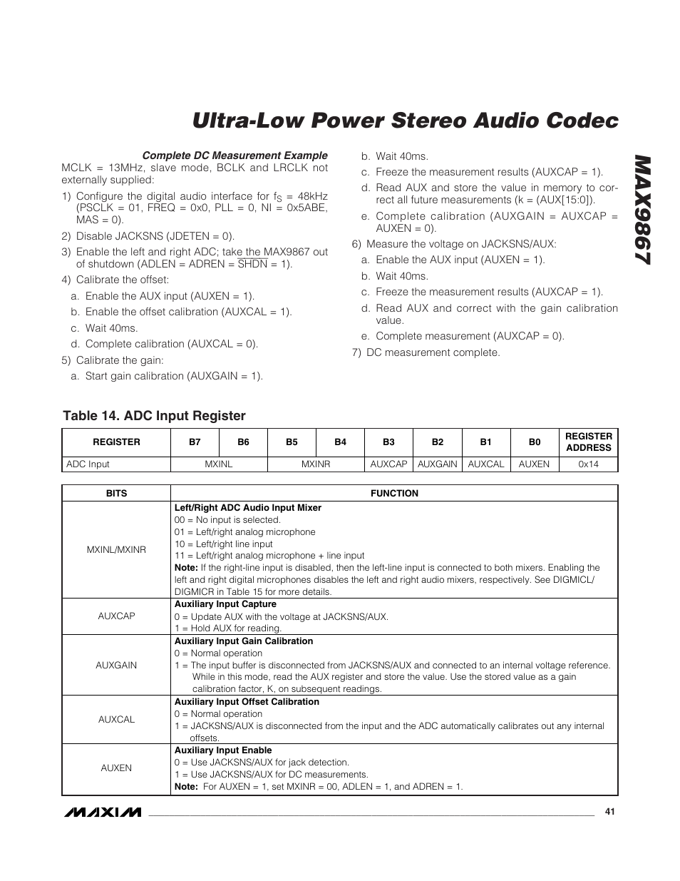 Max9867 ultra-low power stereo audio codec, Table 14. adc input register | Rainbow Electronics MAX9867 User Manual | Page 41 / 54