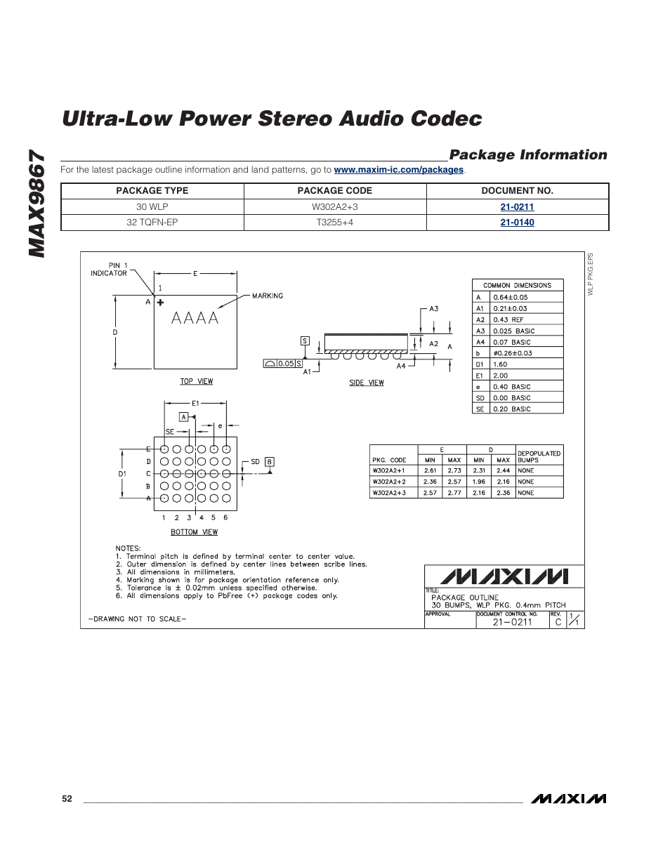 Max9867 ultra-low power stereo audio codec, Package information | Rainbow Electronics MAX9867 User Manual | Page 52 / 54