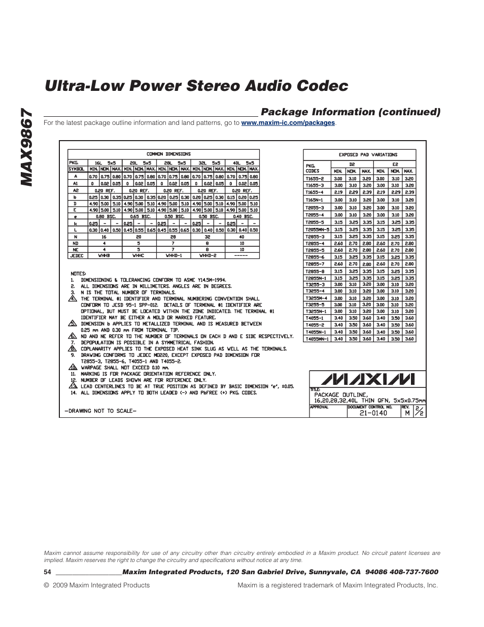 Max9867 ultra-low power stereo audio codec | Rainbow Electronics MAX9867 User Manual | Page 54 / 54