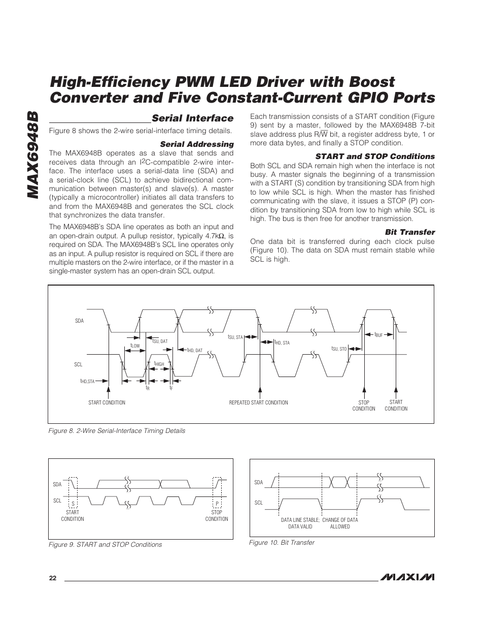 Max6948b, Serial interface, Serial addressing | Start and stop conditions, Bit transfer | Rainbow Electronics MAX6948B User Manual | Page 22 / 28