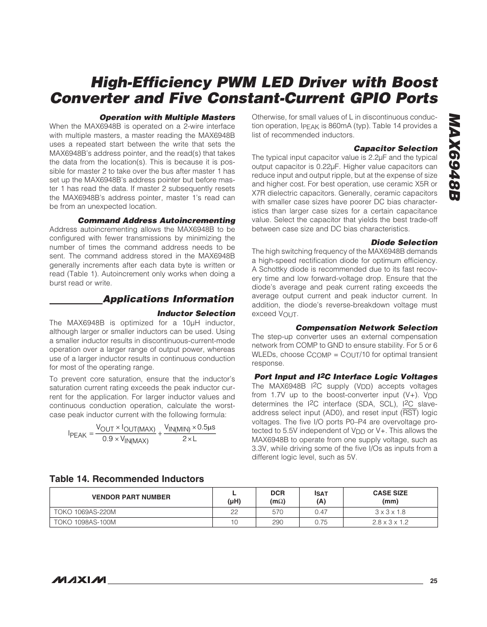 Max6948b, Table 14. recommended inductors, Applications information | Rainbow Electronics MAX6948B User Manual | Page 25 / 28