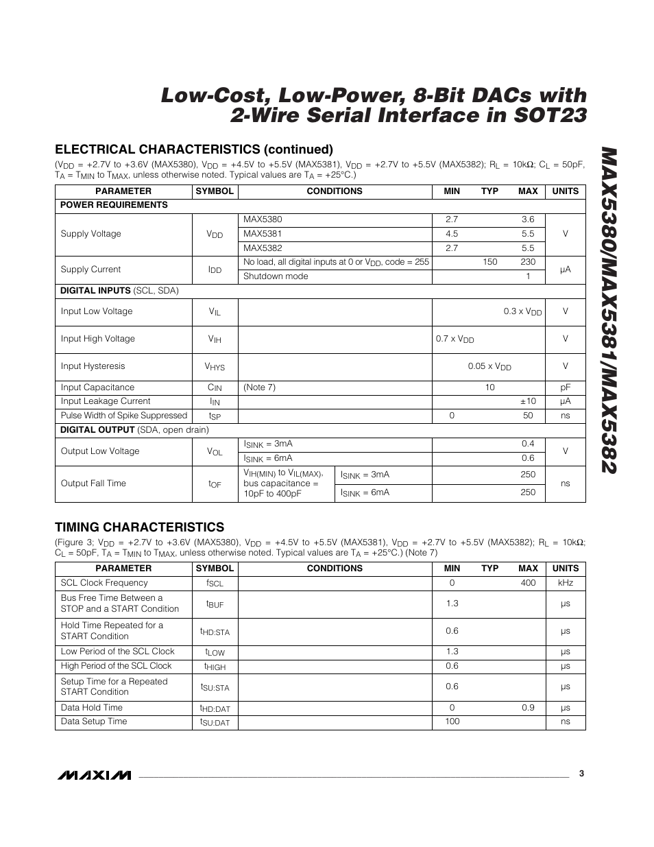 Electrical characteristics (continued), Timing characteristics | Rainbow Electronics MAX5382 User Manual | Page 3 / 12