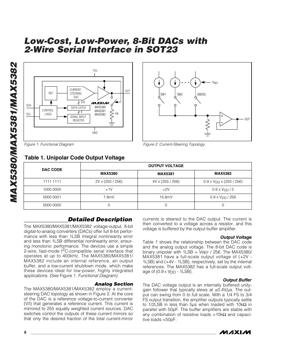 Detailed description, Table 1. unipolar code output voltage | Rainbow Electronics MAX5382 User Manual | Page 8 / 12