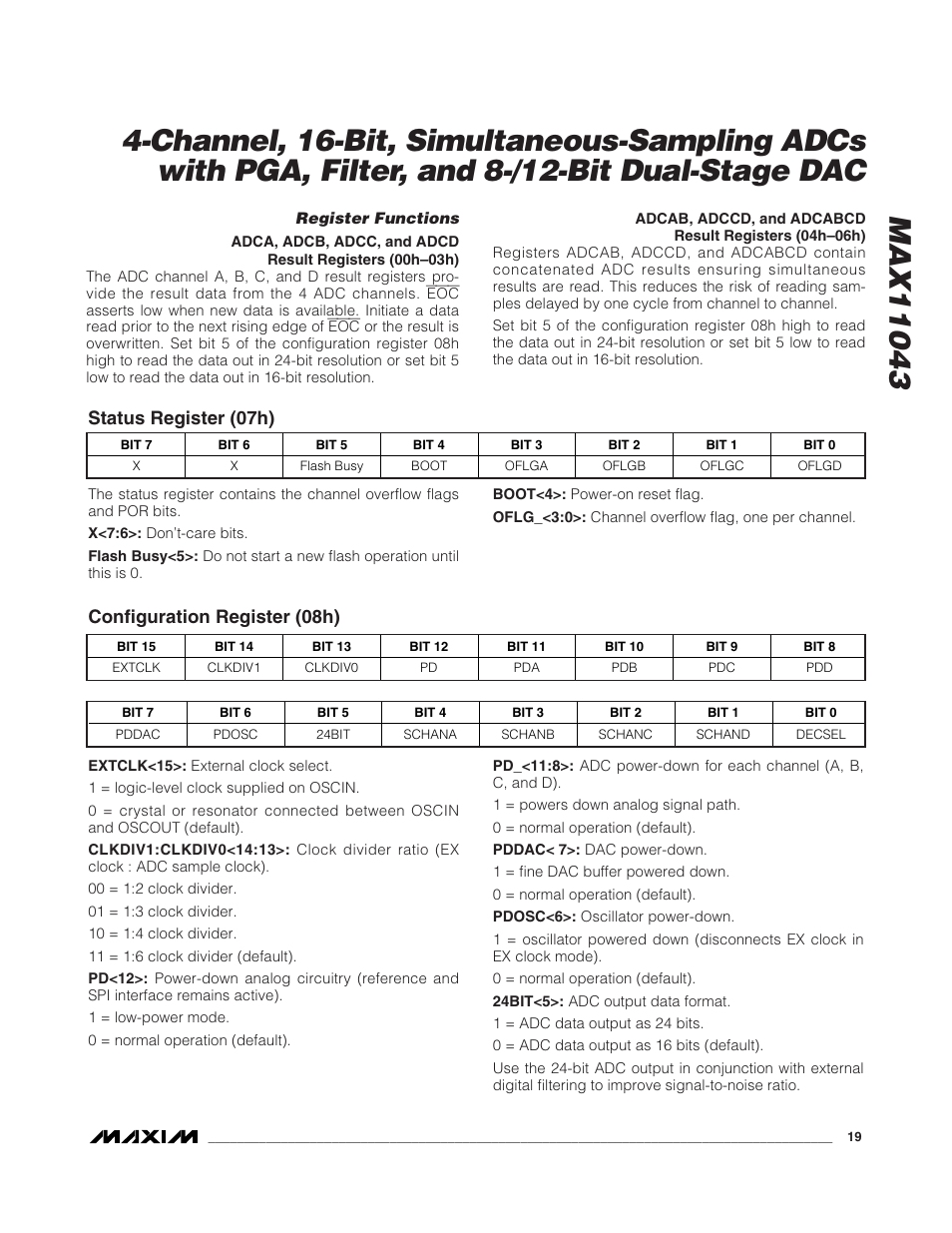 Status register (07h), Configuration register (08h) | Rainbow Electronics MAX11043 User Manual | Page 19 / 32