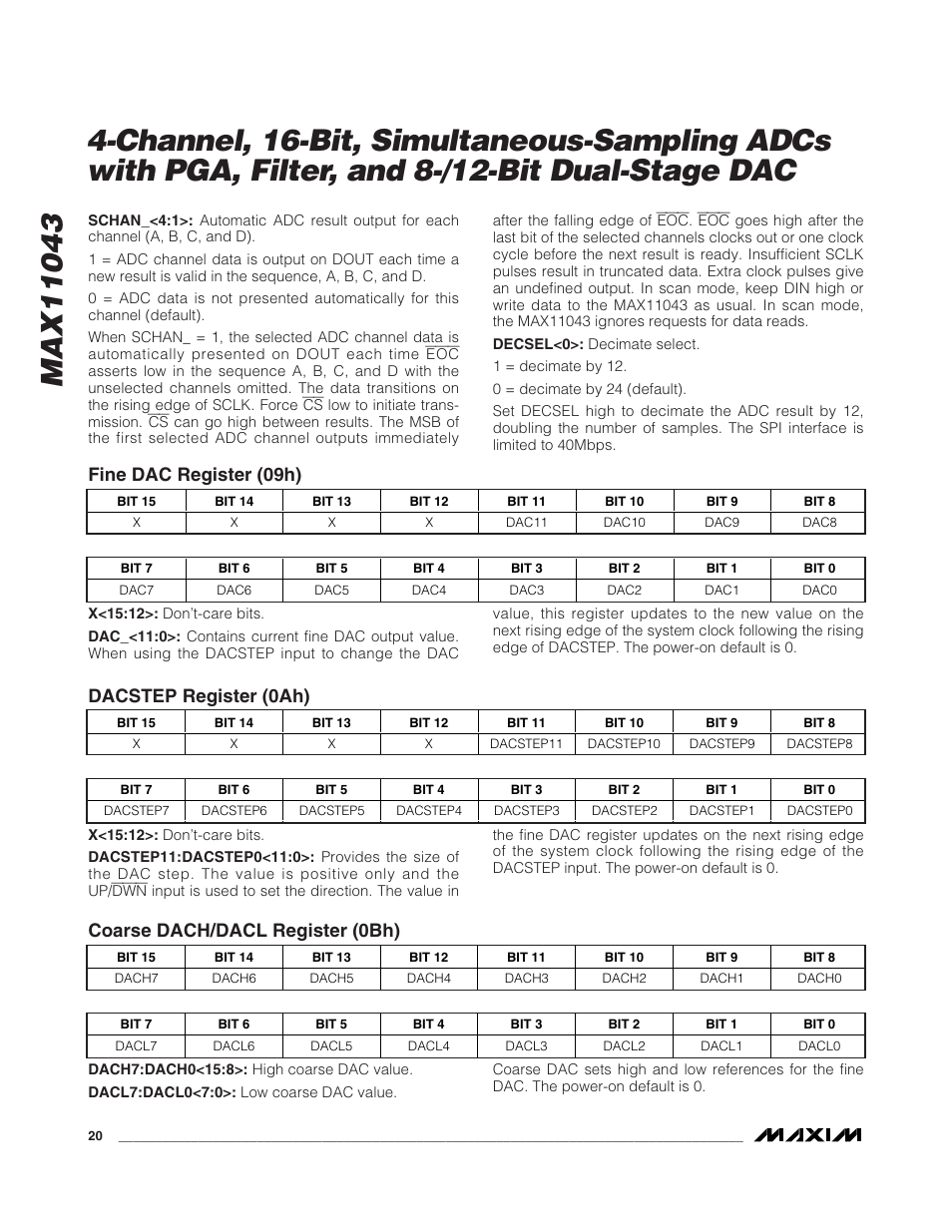 Fine dac register (09h), Dacstep register (0ah), Coarse dach/dacl register (0bh) | Rainbow Electronics MAX11043 User Manual | Page 20 / 32