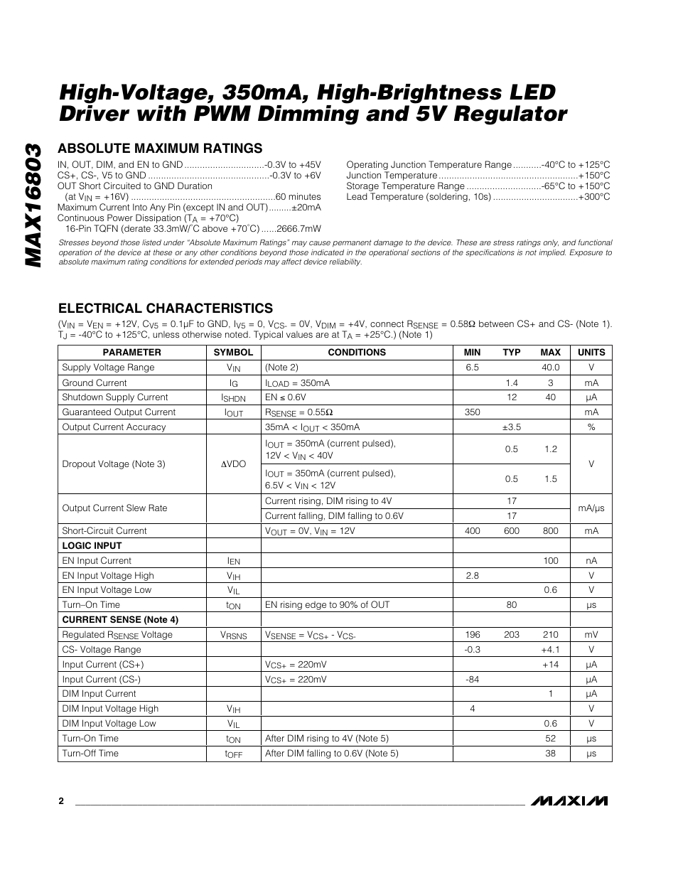 Rainbow Electronics MAX16803 User Manual | Page 2 / 12