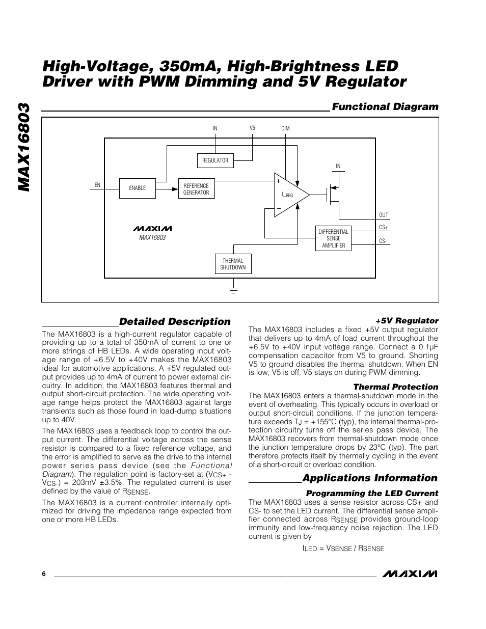 Functional diagram, Detailed description, Applications information | Rainbow Electronics MAX16803 User Manual | Page 6 / 12