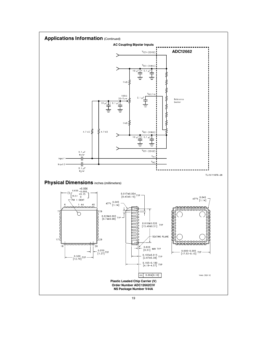 Applications information, Physical dimensions | Rainbow Electronics ADC12662 User Manual | Page 19 / 20