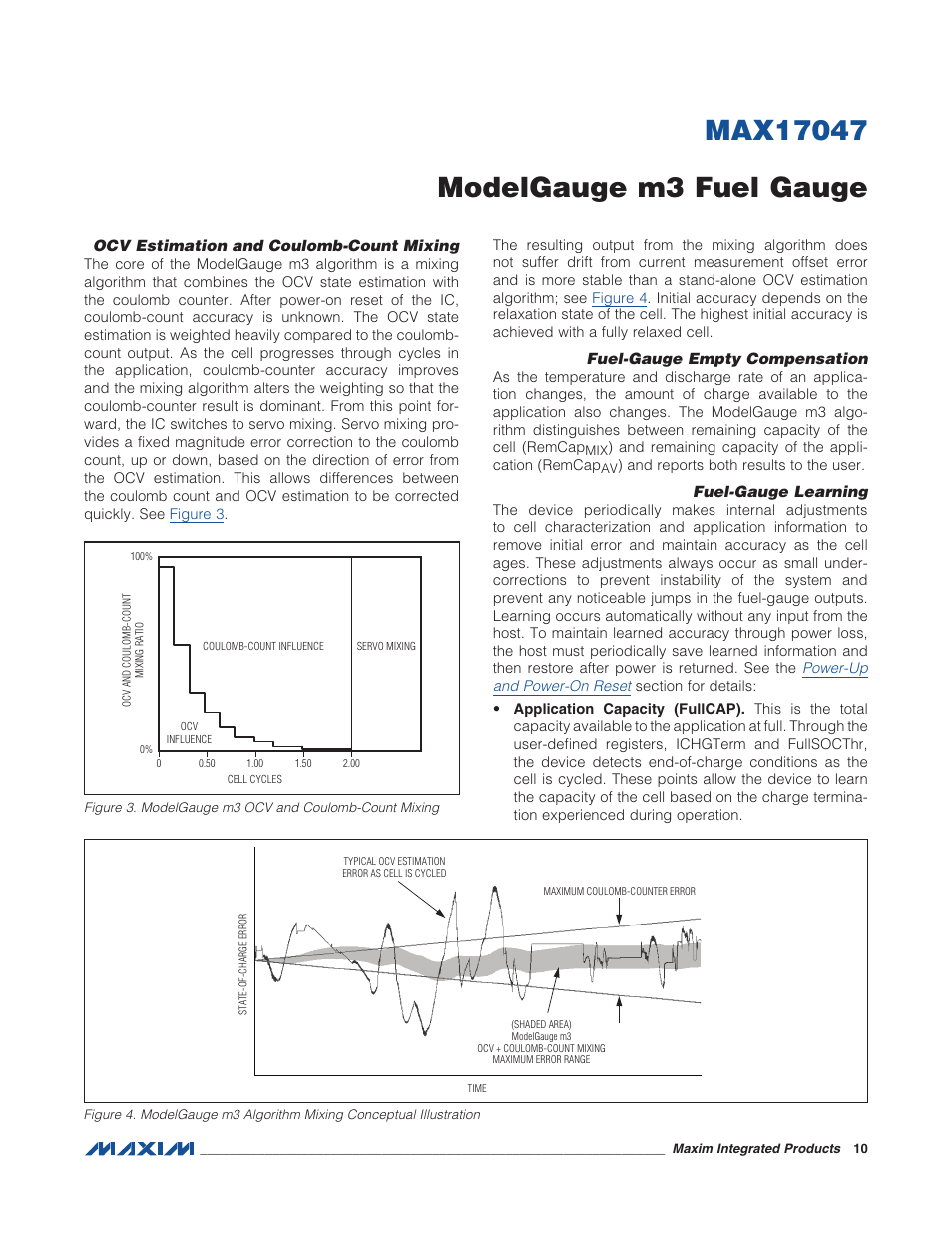 Ocv estimation and coulomb-count mixing, Fuel-gauge empty compensation, Fuel-gauge learning | Figure 3. modelgauge m3 ocv and coulomb, Figure 4. modelgauge m3 algorithm mixing | Rainbow Electronics MAX17047 User Manual | Page 10 / 46