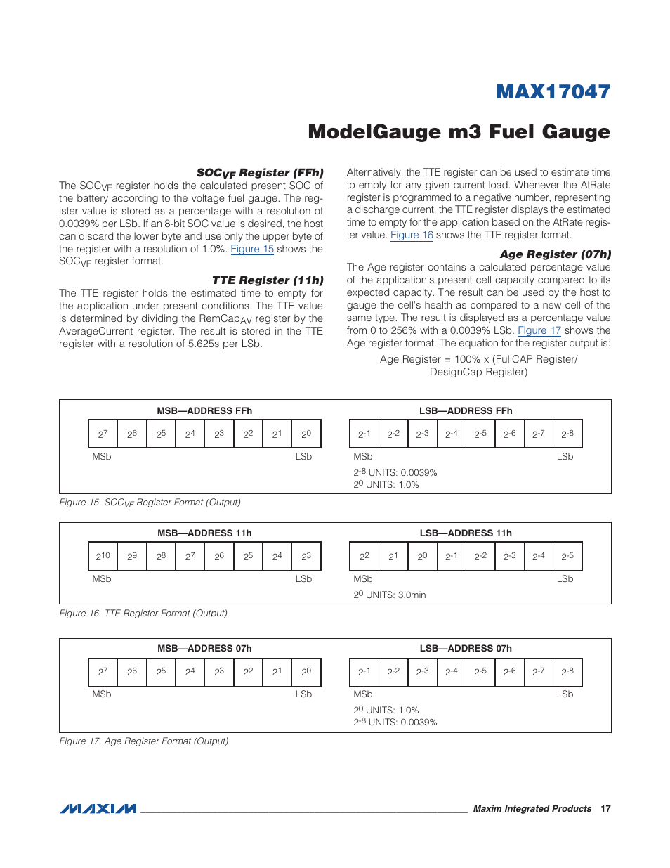Socvf register (ffh), Tte register (11h), Age register (07h) | Figure 15. soc register format (output), Figure 16. tte register format (output), Figure 17. age register format (output) | Rainbow Electronics MAX17047 User Manual | Page 17 / 46