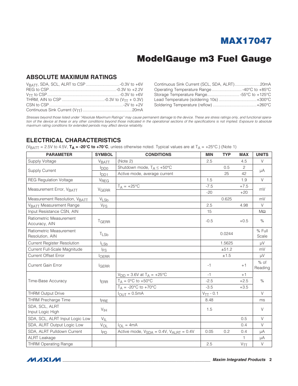 Absolute maximum ratings, Electrical characteristics | Rainbow Electronics MAX17047 User Manual | Page 2 / 46