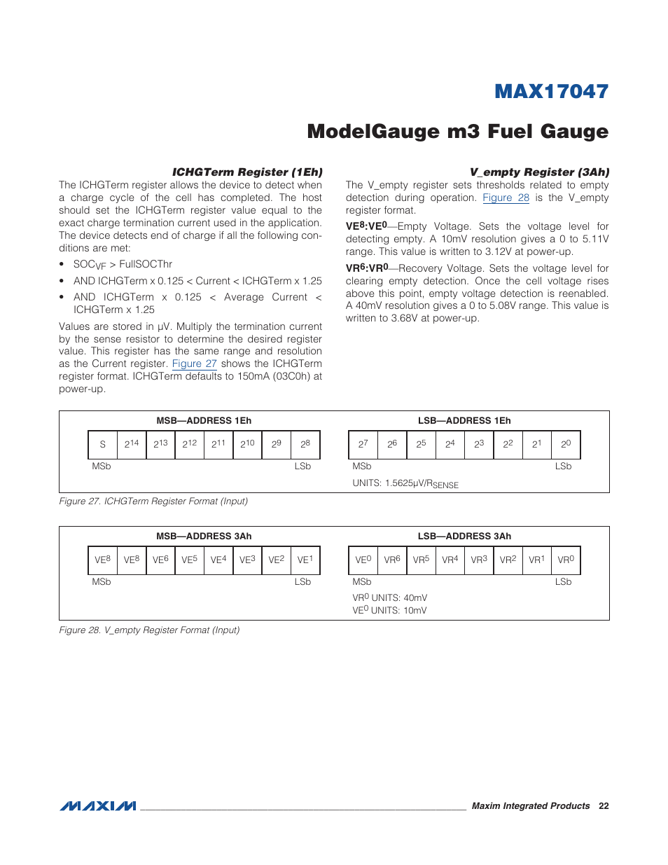 Ichgterm register (1eh), V_empty register (3ah), Figure 27. ichgterm register format (inp | Figure 28. v_empty register format (inpu | Rainbow Electronics MAX17047 User Manual | Page 22 / 46