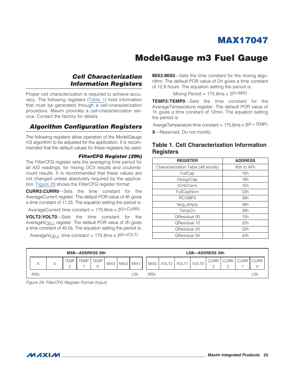 Cell characterization information registers, Algorithm configuration registers, Filtercfg register (29h) | Figure 29. filtercfg register format (in, Table 1. cell characterization informati | Rainbow Electronics MAX17047 User Manual | Page 23 / 46