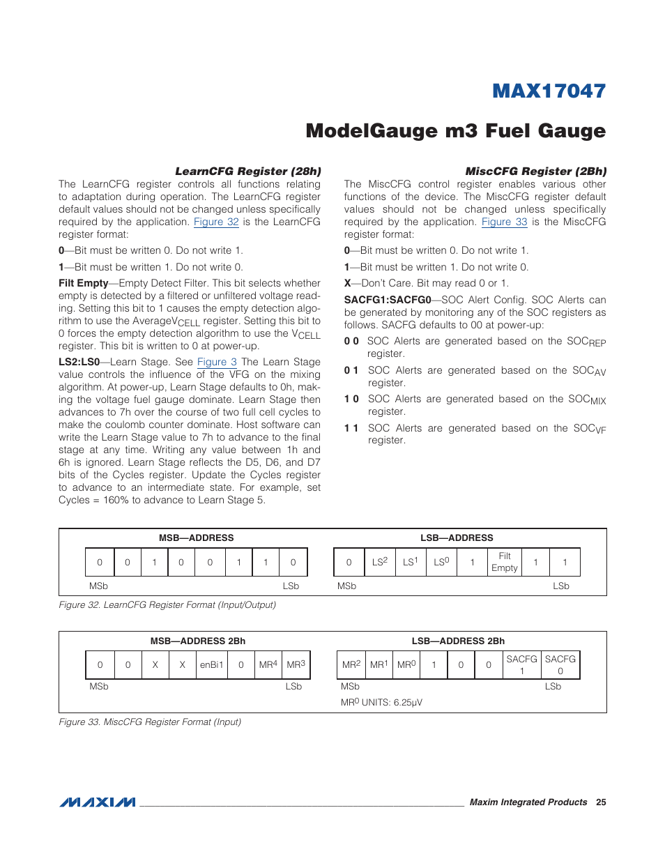 Learncfg register (28h), Misccfg register (2bh), Figure 32. learncfg register format (inp | Figure 33. misccfg register format (inpu | Rainbow Electronics MAX17047 User Manual | Page 25 / 46