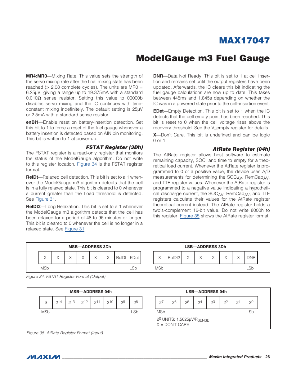 Fstat register (3dh), Atrate register (04h), Figure 34. fstat register format (output | Figure 35. atrate register format (input | Rainbow Electronics MAX17047 User Manual | Page 26 / 46