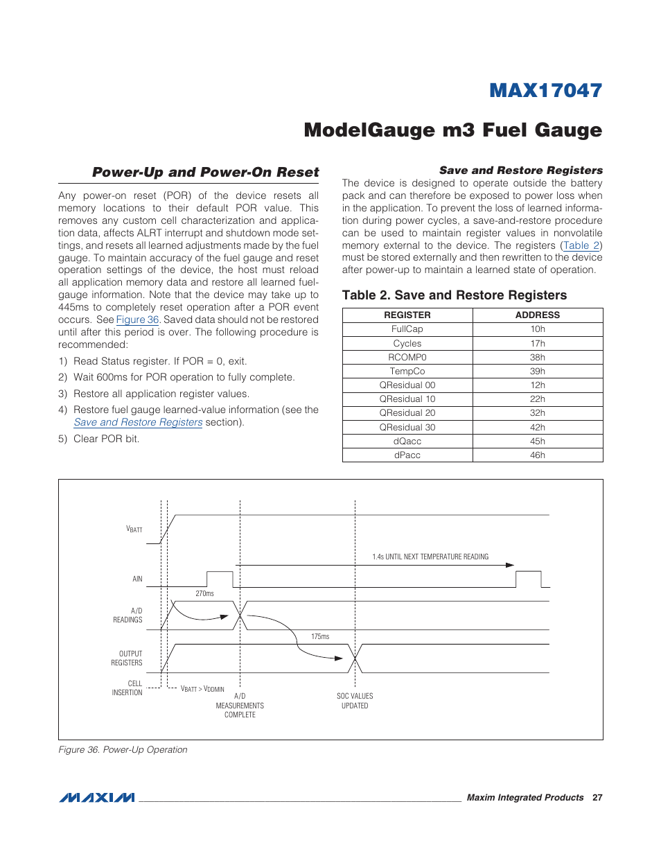 Power-up and power-on reset, Save and restore registers, Table 2. save and restore registers | Power-up, And power-on reset | Rainbow Electronics MAX17047 User Manual | Page 27 / 46