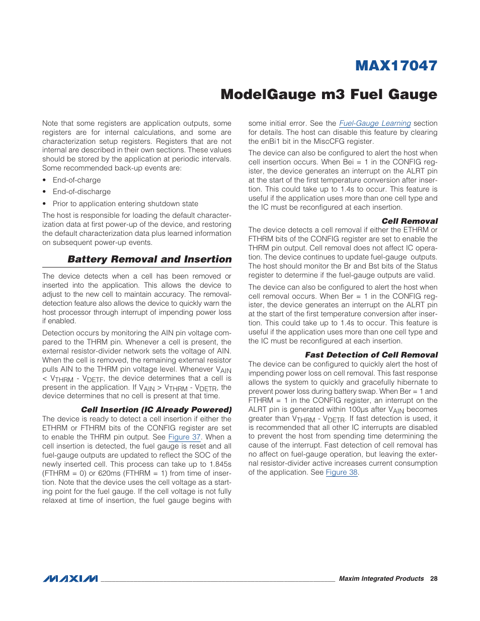 Battery removal and insertion, Cell insertion (ic already powered), Cell removal | Fast detection of cell removal | Rainbow Electronics MAX17047 User Manual | Page 28 / 46