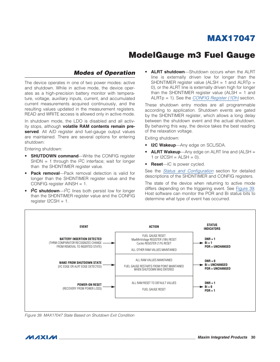Modes of operation, Figure 39. max17047 state based on shutd | Rainbow Electronics MAX17047 User Manual | Page 30 / 46