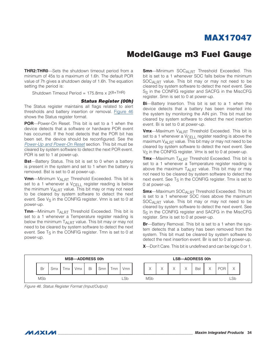 Status register (00h), Figure 46. status register format (input | Rainbow Electronics MAX17047 User Manual | Page 34 / 46