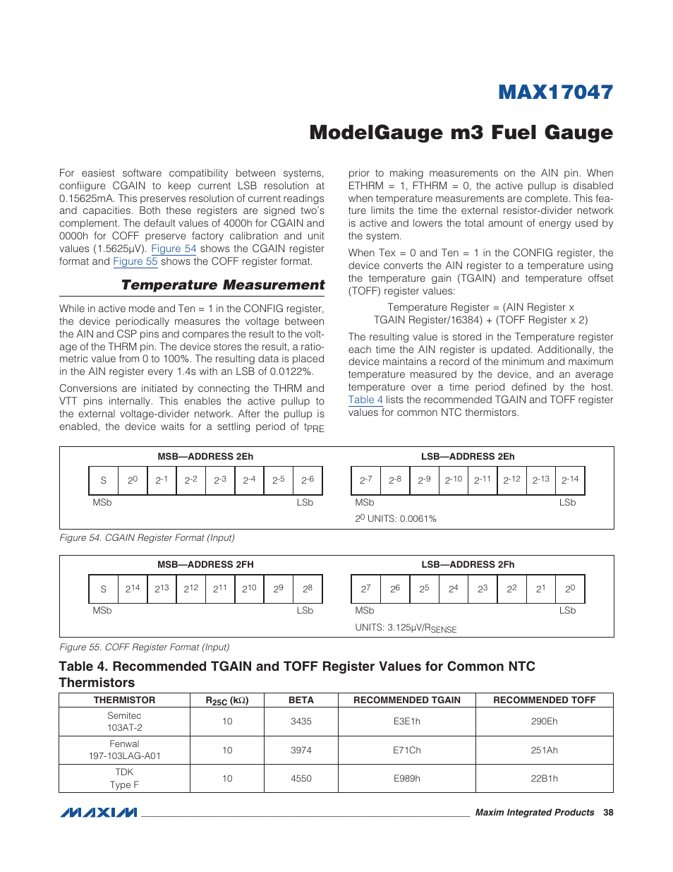 Temperature measurement, Figure 54. cgain register format (input), Figure 55. coff register format (input) | Table 4. recommended tgain and toff regi | Rainbow Electronics MAX17047 User Manual | Page 38 / 46