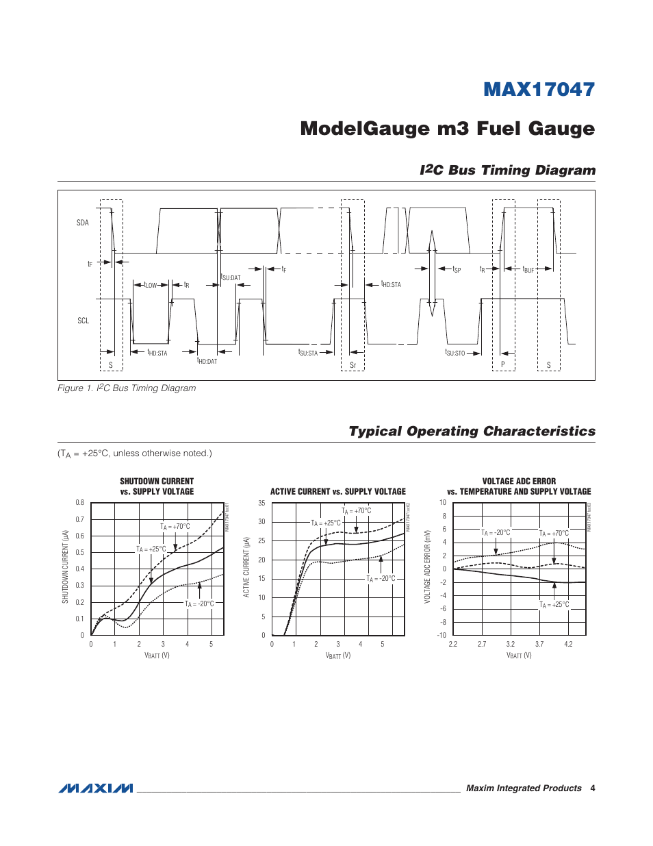 I2c bus timing diagram, Typical operating characteristics, Figure 1. ic bus timing diagram | C bus timing diagram | Rainbow Electronics MAX17047 User Manual | Page 4 / 46