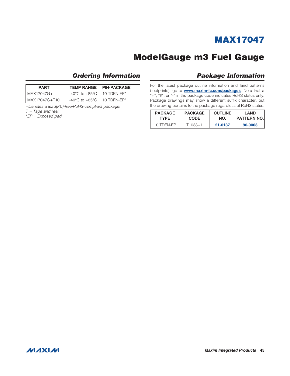 Ordering information, Package information | Rainbow Electronics MAX17047 User Manual | Page 45 / 46