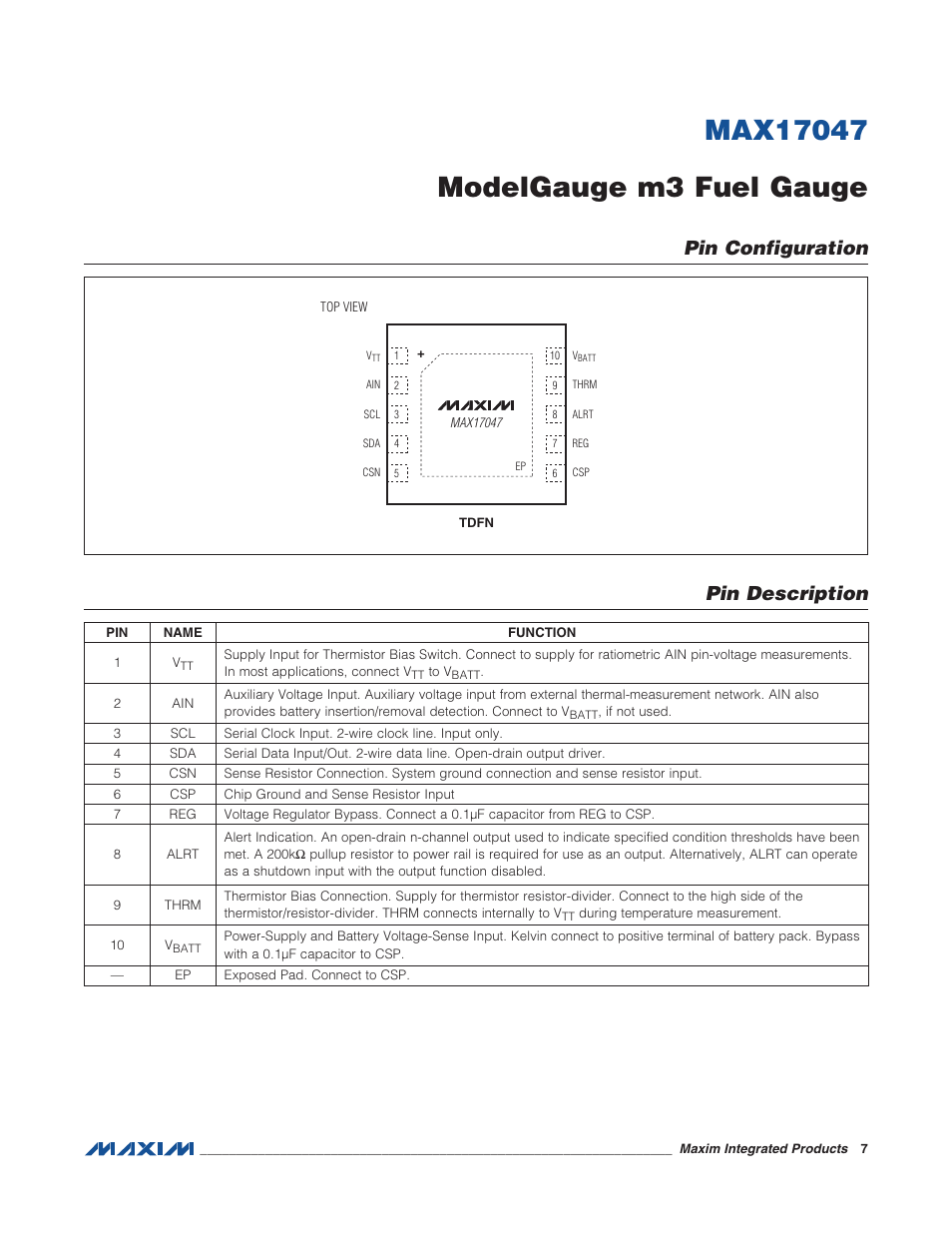 Pin configuration, Pin description, Pin description pin configuration | Rainbow Electronics MAX17047 User Manual | Page 7 / 46