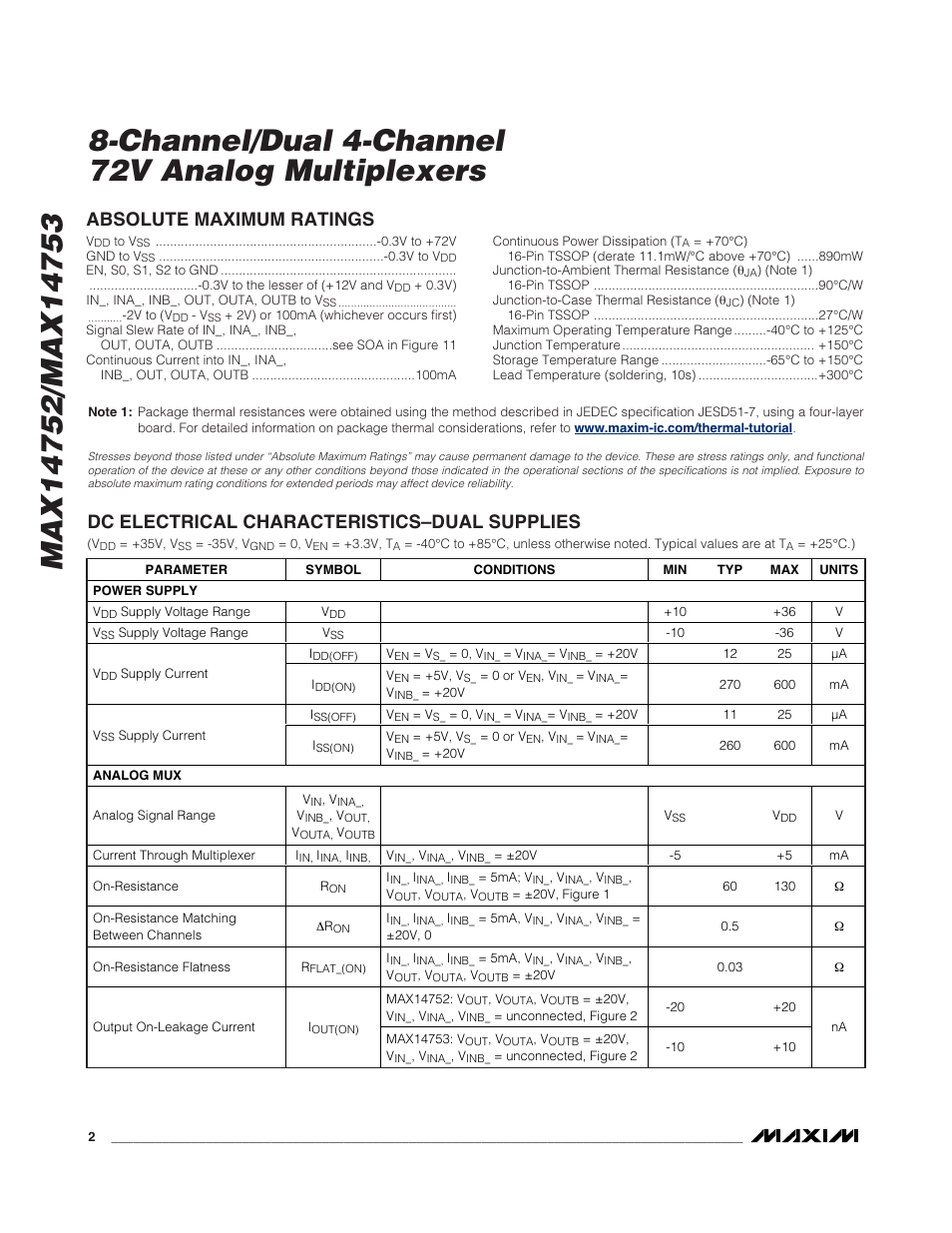 Absolute maximum ratings, Dc electrical characteristics–dual supplies | Rainbow Electronics MAX14753 User Manual | Page 2 / 16