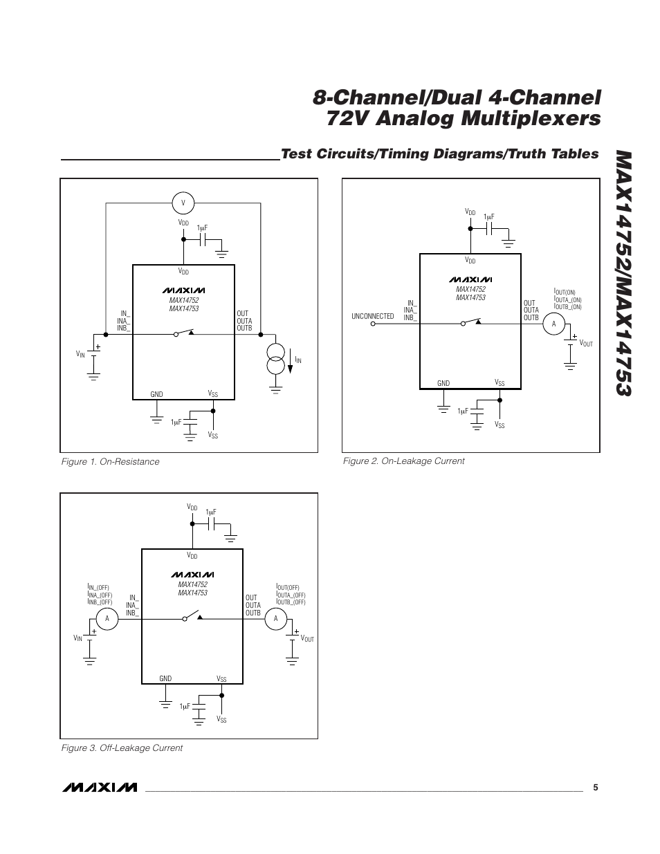 Test circuits/timing diagrams/truth tables | Rainbow Electronics MAX14753 User Manual | Page 5 / 16