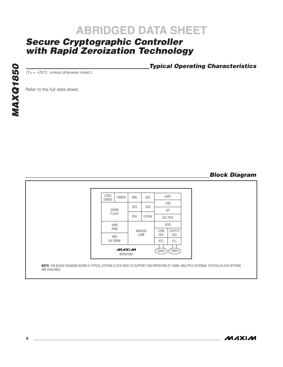 Abridged data sheet, Typical operating characteristics, Block diagram | Rainbow Electronics MAXQ1850 User Manual | Page 2 / 3