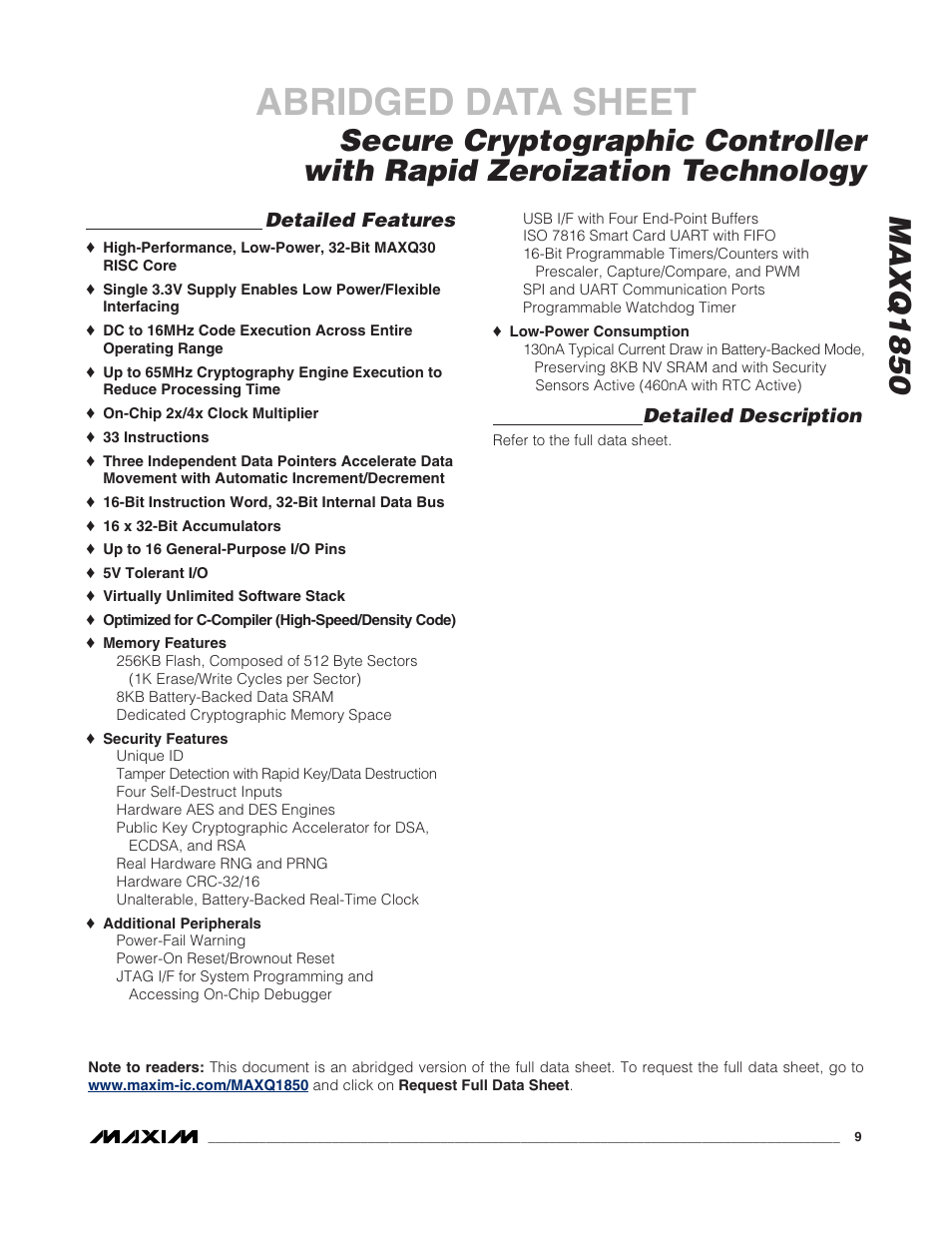 Abridged data sheet, Maxq1850 | Rainbow Electronics MAXQ1850 User Manual | Page 3 / 3