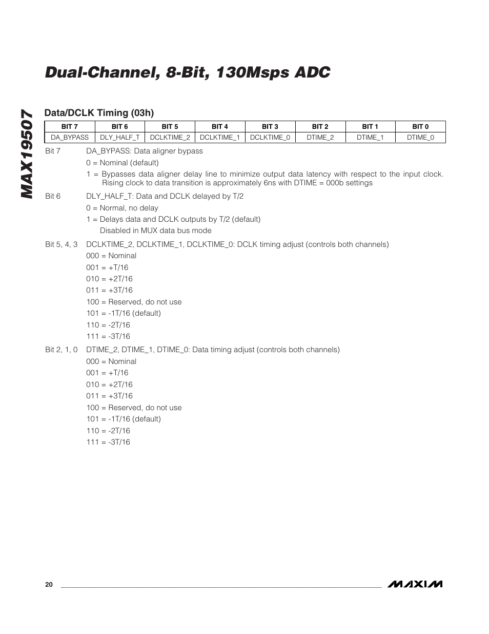 Data/dclk timing (03h) | Rainbow Electronics MAX19507 User Manual | Page 20 / 34