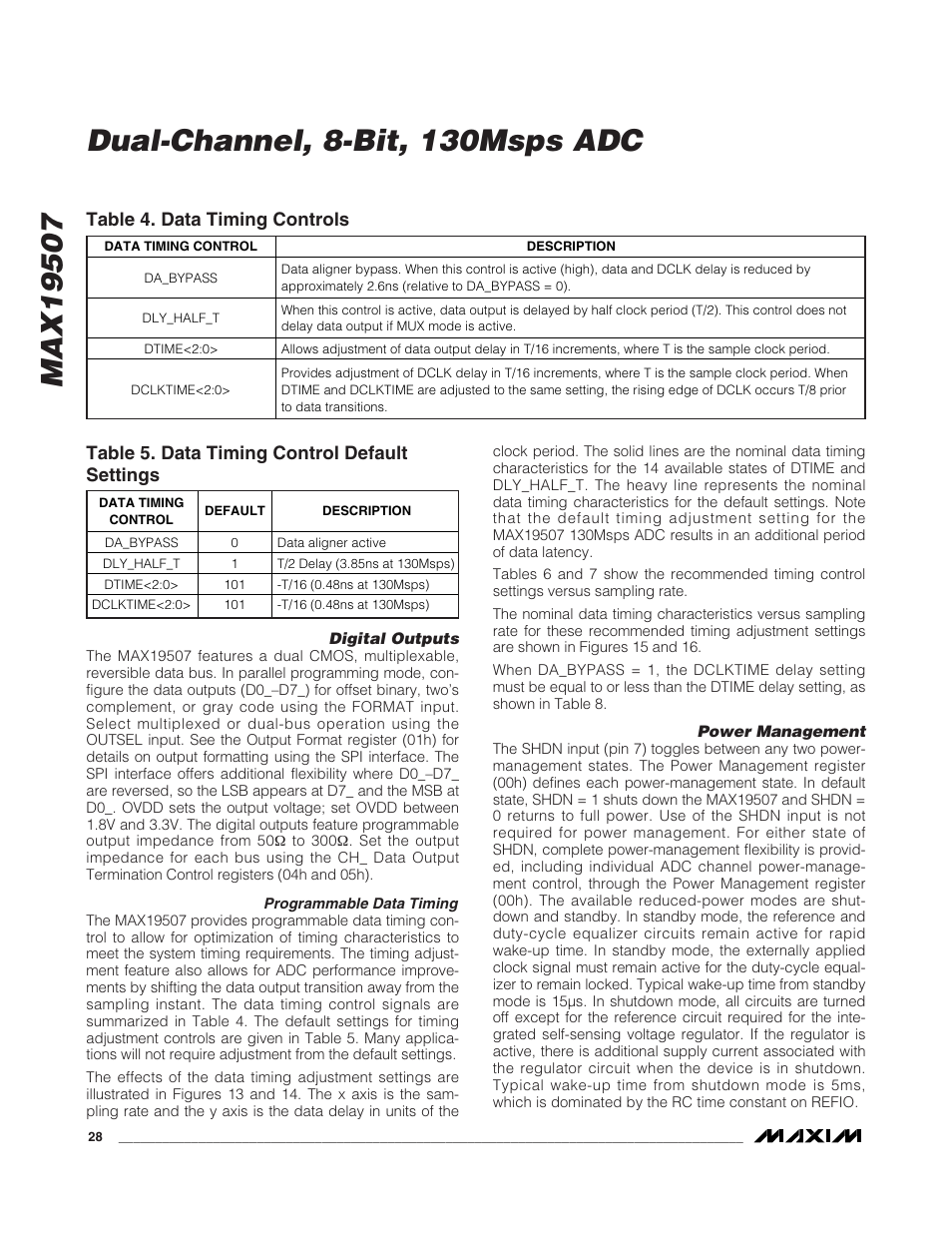 Table 4. data timing controls, Table 5. data timing control default settings | Rainbow Electronics MAX19507 User Manual | Page 28 / 34