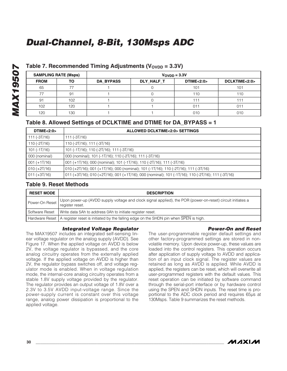 Table 7. recommended timing adjustments (v, Table 9. reset methods | Rainbow Electronics MAX19507 User Manual | Page 30 / 34