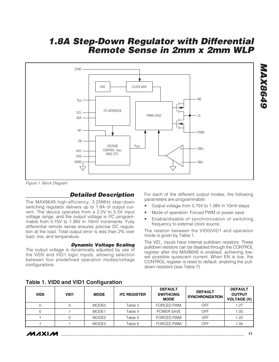 Detailed description, Table 1. vid0 and vid1 configuration | Rainbow Electronics MAX8649 User Manual | Page 11 / 31